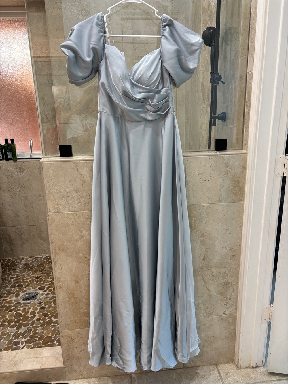 Light Blue Satin Off-Shoulder Maxi Dress with Draped Bodice
